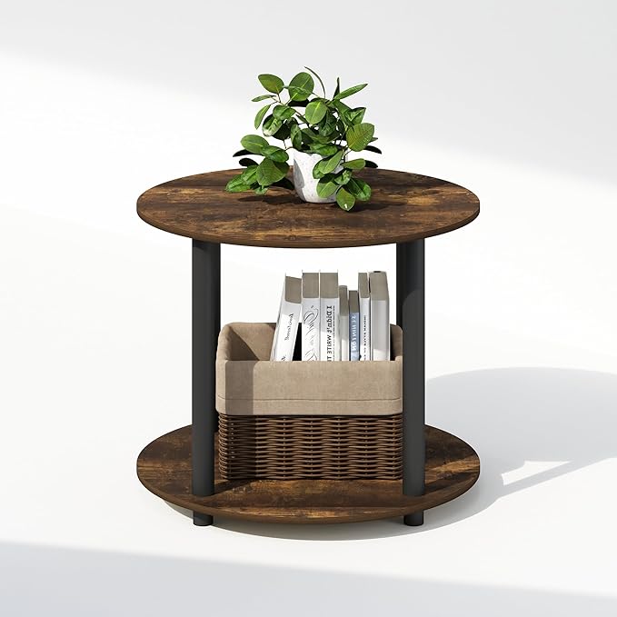 Furinno Turn-N-Tube Side Table, 2-Tier Round End Table with Open Shelf, Night Stand, Bedside Table, Toolless Assembly, for Living Room, Bedroom, Amber Pine