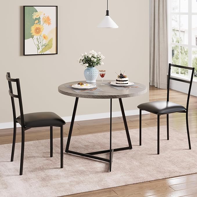 Dining Table and Chairs for 2, Round Dining Room Set with 2 Placemats, 3 Piece Set for Small Spaces, Rustic Gray