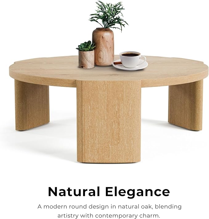 Furniture of America Carys Modern Solid Wood 42-inch Round Coffee Table with Plinth Base, Living Room Furniture, Home Office, Oak