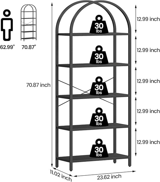 GAOMON Arched Bookshelf 5 Tier Bookcase 70.87in Tall Display Racks Modern Standing Bookshelves Metal Book Shelf for Bedroom, Living Room, Home Office