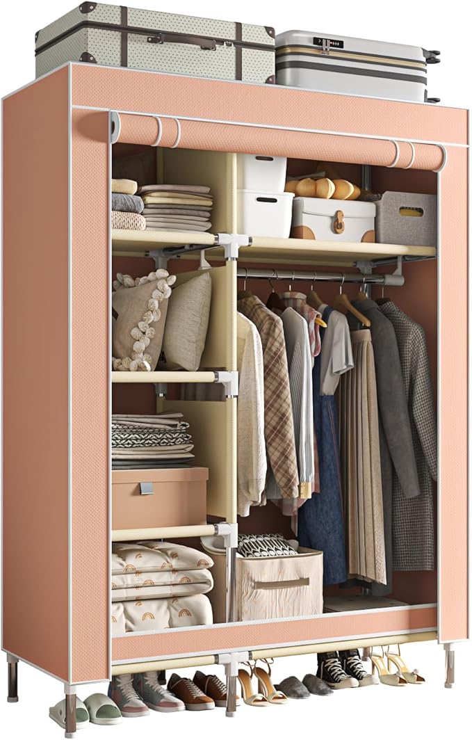 Portable Wardrobe, Simple Wardrobe, with 5 Shelves, Hanging Rod and Non-Woven Fabric Cover, Suitable for Small Spaces.(Pink, 41.3 in)