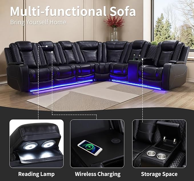 Power Recliner Sofa Sectional Couches with LED Light,Leather Reclining Corner Sectional Sofa with 2 Recliner Seats,Cup Holders,Storage Console for Living Room，Black