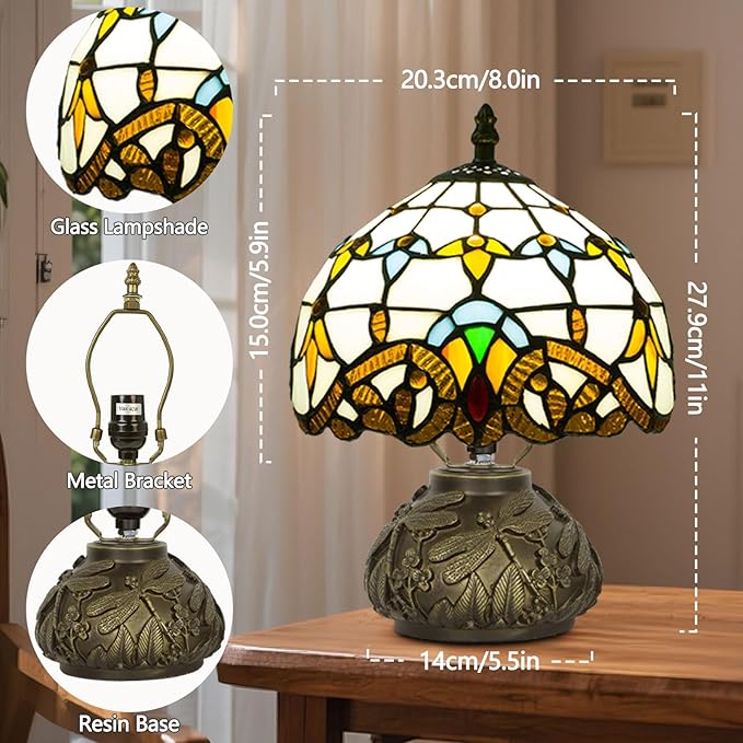 Small Tiffany Table Lamp,Stained Glass Lamp,8 Inch Mushroom Style Mini Vintage Desk Lights for Bedside, Bedroom,Nightstand,Living Room,3 Color Temperature (Baroque)