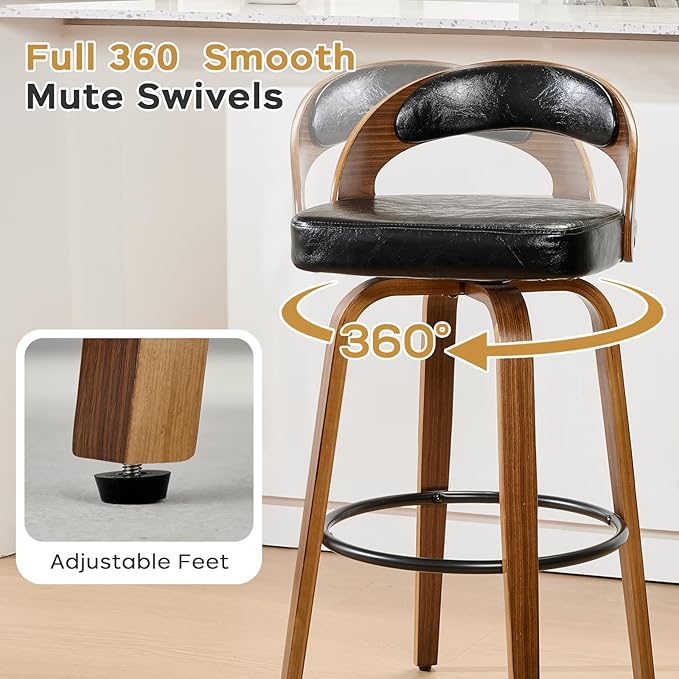 Swivel Bar Stools Set of 6, 30.15" Counter Height Bar Stools for Kitchen Island, Black Barstool Upholstered Faux Leather & Solid Wood Legs, Mid Century Modern Bar Chairs