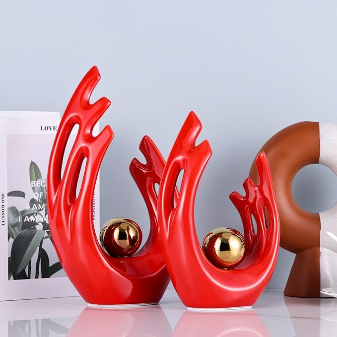 Red Modern Abstract Art Ceramic Statue and Sculpture,Red and Gold Home Decor Accents,Table Decoration for Living Room Office Dining Room Kitchen Cabinets Apartment Desktop Bookshelf Aesthetic Decor