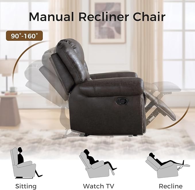 EBELLO Manual Recliner Sofa Set, Faux Leather Fabric Reclining Living Room Set, Included Single Recliner Chair and 3 Seat Manual Sofa,Vintage Rivet Mid-Century Design for Living Room, Dark Brown