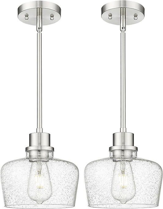 Emak Modern Brushed Nickel Pendant Lights Kitchen Island, 2 Pack 8 Inch Seeded Glass Pendant Light Fixtures for Kitchen Island, Bathroom, Bedroom, Dining Room, PL122-BN-2PK