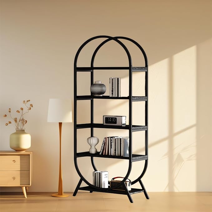 Arched Bookshelf,5-Tier Tall Wide Open Bookshelf,Modern Brown Storage Bookshelves, Freestanding Display Rack Shelving Unit for Office, Bedroom, Living Room, Easy Assembly, Black