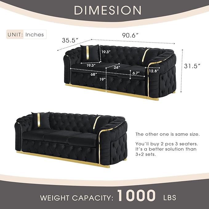KEIKI 2-Piece Luxury Chesterfield Sofa Set with 2 Oversized Velvet 3-Seater Sofa, Upholstered Modern 6-Seater Button Tufted Couch Set with 4 Pillow, Gold Stainless Decoration, for Living Room, Black