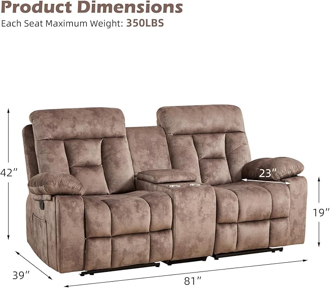 CANMOV Loveseat Recliner, Manual Recliner Sofa Chair for Living Room, Reclining Sofa with Storage Console,Hidden Cup Holders, 2 Seat, Camel-Brown