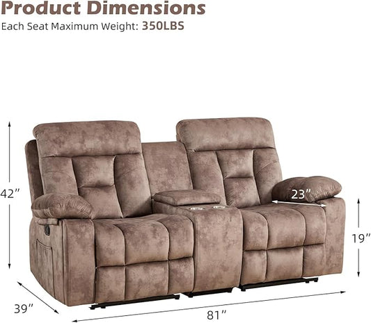 CANMOV Loveseat Recliner, Manual Recliner Sofa Chair for Living Room, Reclining Sofa with Storage Console,Hidden Cup Holders, 2 Seat, Camel-Brown