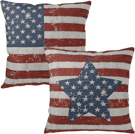 Vintage American Flag Star Pillow Covers 16x16 Set of 2 Red White Stripes Patriotic Outdoor Throw Pillows Covers 4th of July Independence Memorial Day Cushion Case for Home Couch Sofa Decor