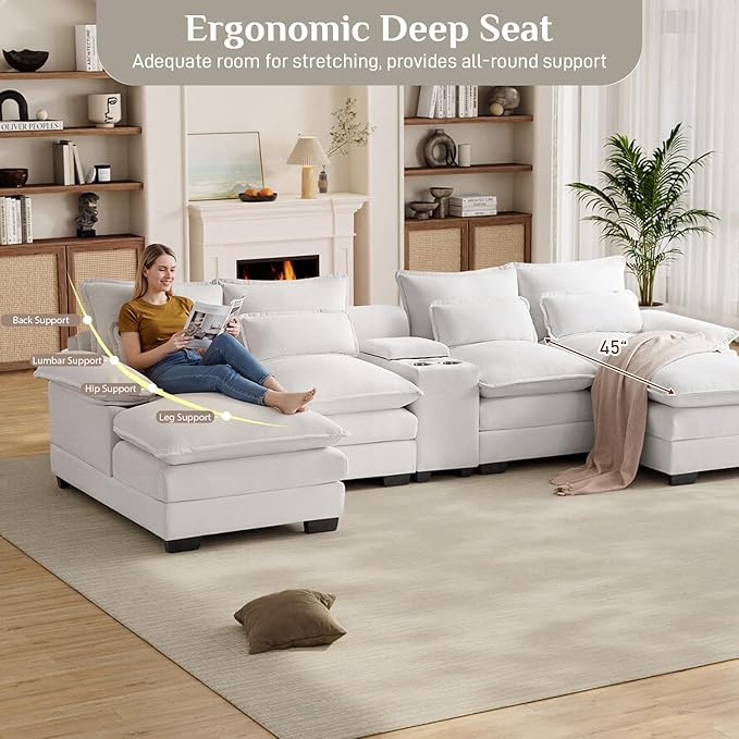 124" Oversized U Shaped Cloud Couch Modular Sectional Couches for Living Room Comfy Chenille Deep Seat Sofa Set with Double Chaise Lounge, Storage Central Console, USB Port, Cup Holders, Beige