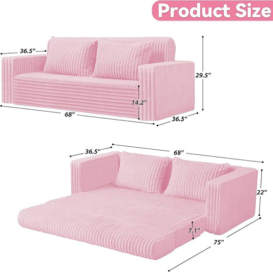 HABUTWAY Folding Sofa Bed, 2 in 1 Convertible Sleeper Chair with 2 Pillows, Portable Fold Out Chair Bed with Armrest, Comfy Floor Couch, Lazy Sofa for Living Room Bedroom Dorm Home Office, Pink
