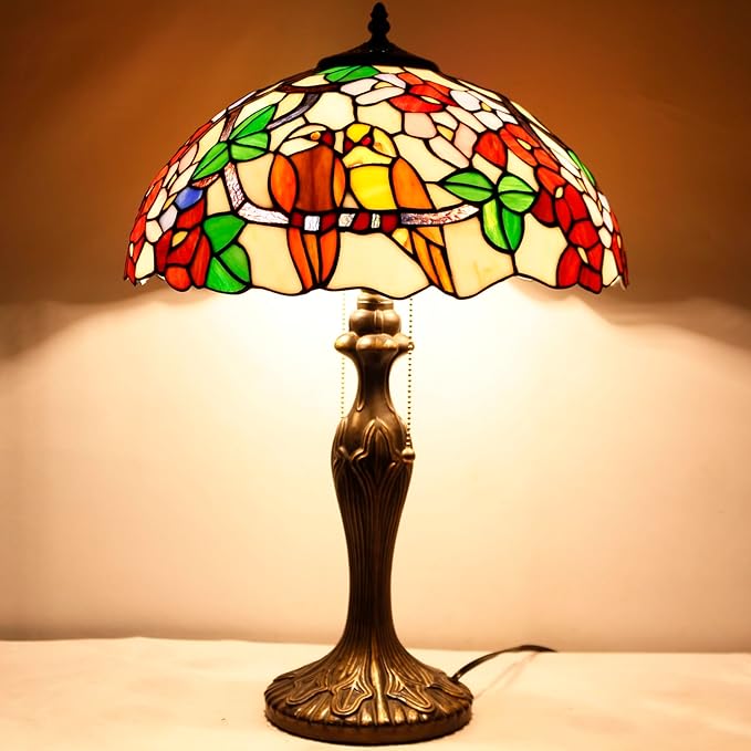 WERFACTORY Tiffany Style Table Lamp Double Birds Colorful Stained Glass Bedside Lamp 16X16X24 Inches Desk Light Metal Base Decor Bedroom Living Room Home Office S803 Series
