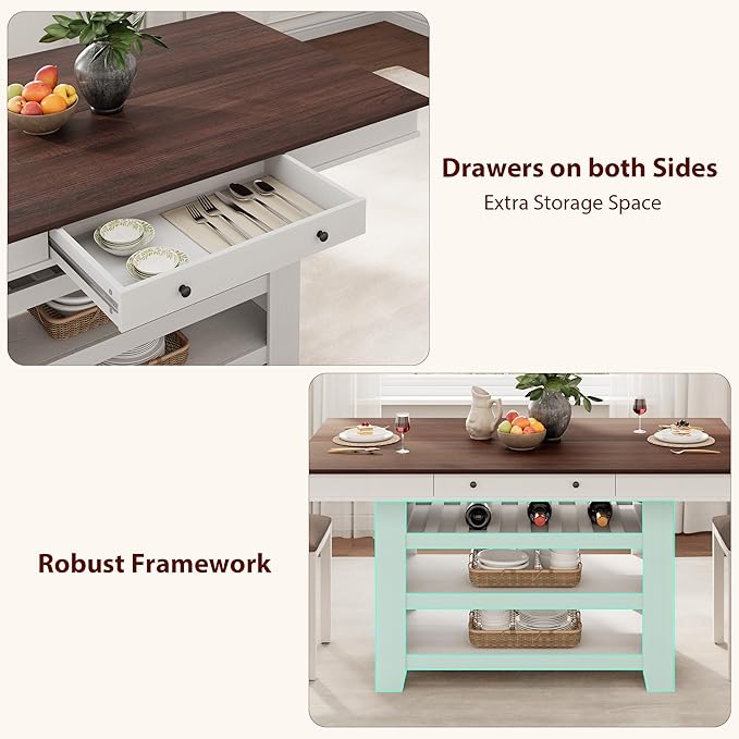 GarveeHome Counter Height Dining Table for 4-6, Wood Bar Height Tall Dining Table with Deepened Wine Rack & 2 Drawers & Shelves, Thick Large Table Top for Kitchen, Bar, Heavy Duty, Retro Brown White