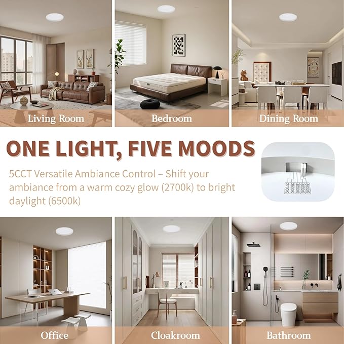 6 Pack 12 Inch LED Flush Mount Ceiling Light Fixtures, 24W 2640LM 5 CCT Selectable (2700K-6500K), Non Dimmable,Wired Integrated LED Lights for Bedroom Kitchen Hallway Apartment, White