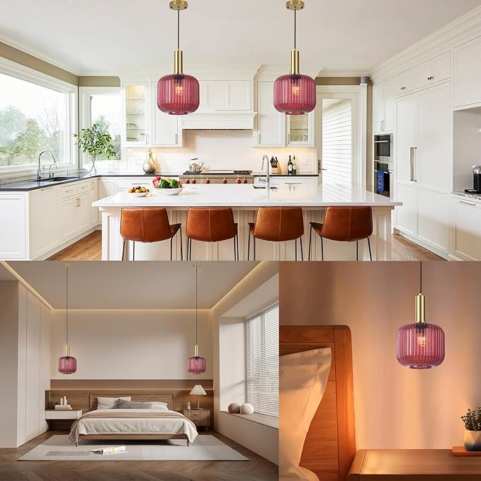 Purple Glass Pendant Light Small Glass Globe Pendant Lamps 1-Light Dining Room Hanging Light Fixtures Vintage Farmhouse Chandelier Lighting for Bedroom Living Room Kitchen Island