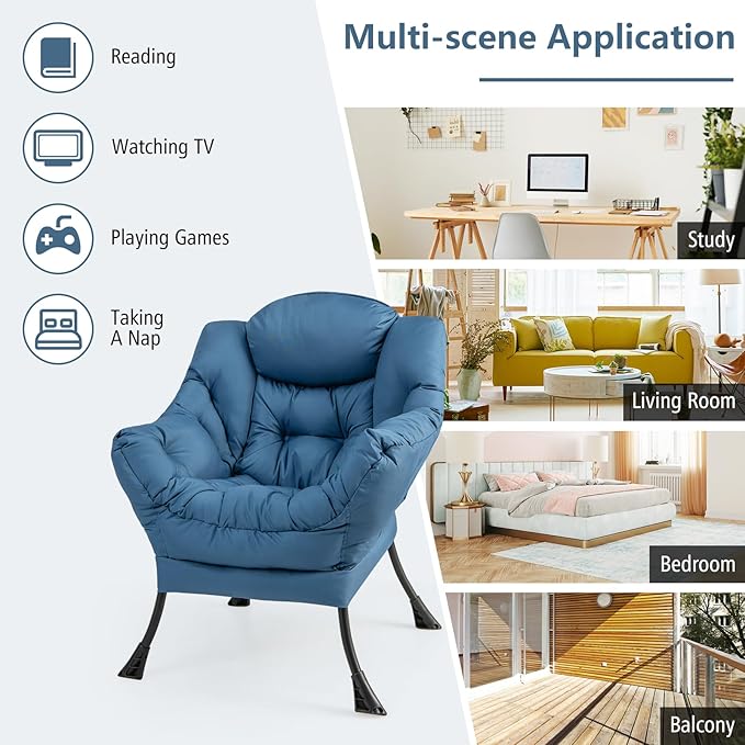 GORELAX Lazy Chair with Ottoman, Modern Accent Chair w/Armrests & Side Pocket, Upholstered Lounge Sofa Chair & Folding Footstool Set, Reading Chair for Bedroom, Living Room, Dorm Room (Navy)