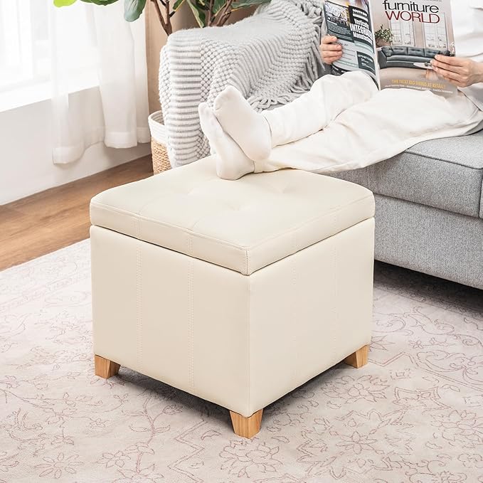 Adeco Square Storage Ottoman with Hinged Lid, 16" Upholstered Foot Stool & Seat for Entryway, Living Room, Faux Leather with Wood Legs (Ivory White)