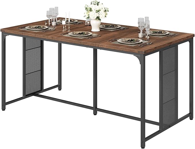 Dining Table for 6-8, 63" Large Kitchen Table, Industrial Dining Room Table, Wooden Rectangular Table with Adjustable Feet, for Dinner, Kitchen, Walnut and Black CZ03BH