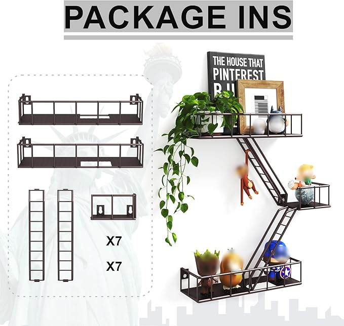 Fire Escape Wall Shelf with Baskets, 3-Tier Metal Fire Escape Ladder Shelf Wall Organizer, New York Inspired Decorative Shelf, Brown Floating Action Figurine Display Shelves for Bedroom, Home Décor
