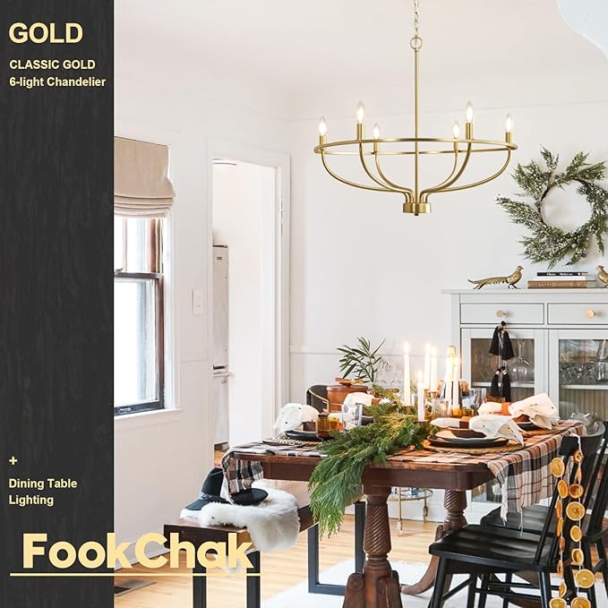 6 Light Gold Chandelier, Brushed Gold Light Fixture Dining Table Candle Brass Chandelier Lighting for Bedroom Hallway Entryway Living Room Kitchen 29in Brushed Brass Chandeliers