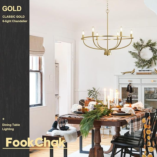 6 Light Gold Chandelier, Brushed Gold Light Fixture Dining Table Candle Brass Chandelier Lighting for Bedroom Hallway Entryway Living Room Kitchen 29in Brushed Brass Chandeliers