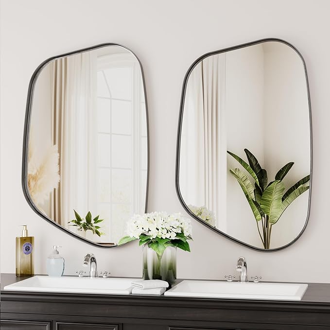 Irregular Wall Mirror 55"x28" Bathroom Mirrors Asymmetrical Artistic Decorative for Living Room Bedroom Bathroom Hallway Entryway,Trapezoid,Black