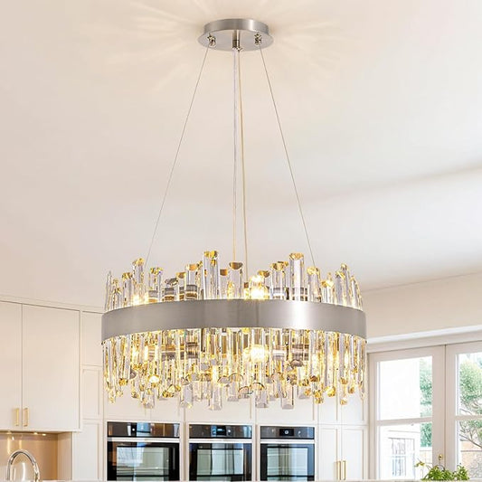 Siljoy Modern Crystal Chandelier, 12-Lights Contemporary 2-Tiers K9 Crystal Raindrop Chandelier Flush Mount Crystal Pendant Ceiling Light Fixture for Dining Living Room Kitchen Island D19.7''