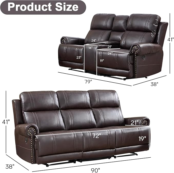 EBELLO Faux Leather Electric Reclining Sofa Set, Power Recliner Five Seats Sofa Set, a Loveseat and a 3-Seat Sofa with USB and Type-C Charging Ports, Vintage Rivet Design for Small Living Room, Brown