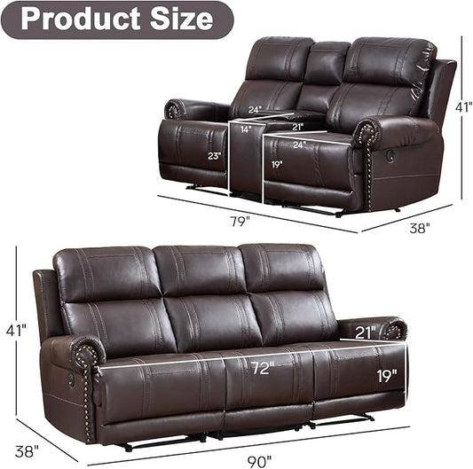 EBELLO Faux Leather Electric Reclining Sofa Set, Power Recliner Five Seats Sofa Set, a Loveseat and a 3-Seat Sofa with USB and Type-C Charging Ports, Vintage Rivet Design for Small Living Room, Brown