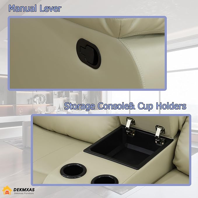 Beige Recliner Sofa Set 3PCS Manual Reclining Sofa Living Room Furniture Sets Contempary Bonded Leather Reclining Couch Set with Cup Holder/Storage Console for Home/Office (Beige, 3PCS Set)
