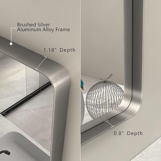 44x30 Inch Silver Bathroom Mirror for Wall, Brushed Metal Framed Bathroom Vanity Mirror, Modern Rounded Corner Rectangle Mirror, Anti-Rust (Horizontal/Vertical)