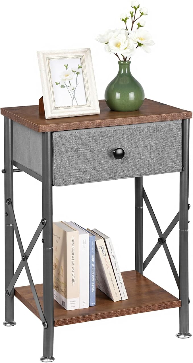 VECELO End Tables, Modern Nightstand with Fabric Drawer & Open Shelf, Night Stand for Bedroom Living Room, Industrial Metal Frame, Easy Assembly, Rustic Brown,1 Pack