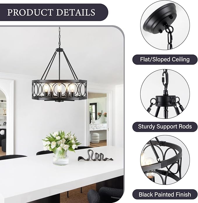 5-Light Farmhouse Chandelier for Dining Room Light Fixture,Modern Rustic Round Black Chandelier Over Table with Hanging Kitchen Drum Light Fixtures for Living Room Bedroom Entryway Foyer