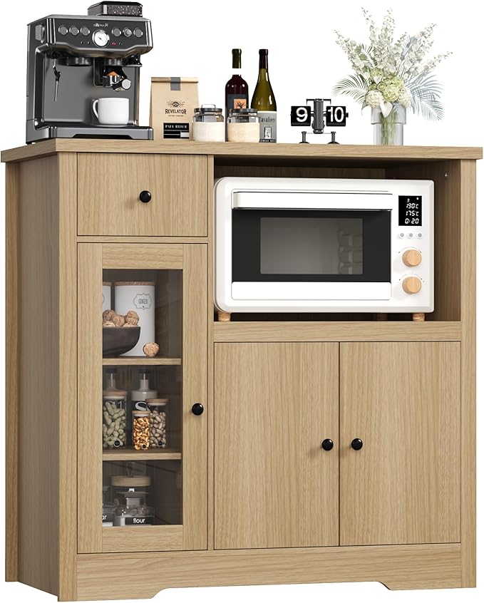 GarveeHome Kitchen Microwave Cabinet with Storage and Drawers, Modern Small Buffet Cabinet with Glass Doors and Adjustable Shelf, Wooden Sideboard with Wide Top for Dining Room, Living Room, Natural