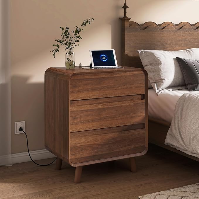 3 Drawer Dresser, Mid Century Modern Bedroom Dresser with Charger Station, Small Wooden Bed Side Table, Curved Beveled Design, Walnut