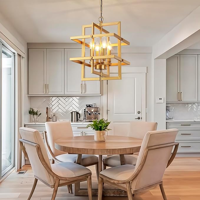 Gold Farmhouse Chandelier Modern Industrial Pendant Light Fixtures Brass Geometric Chandeliers for Dining Room Kitchen Island Entryway Foyer Bedroom Height Adjustable 4-Lights