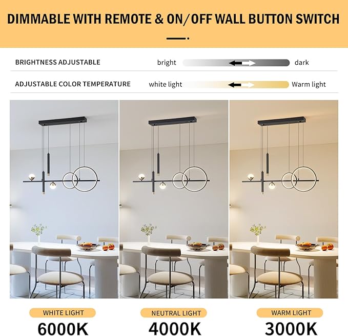 Modern LED Pendant Lights, Dimmable 39in Linear Wave LED Chandelier Lighting, Black & Gold Dining Room Hanging Light Fixtures Kitchen Island Globe Pendant Light for Dining Table (2704lm)