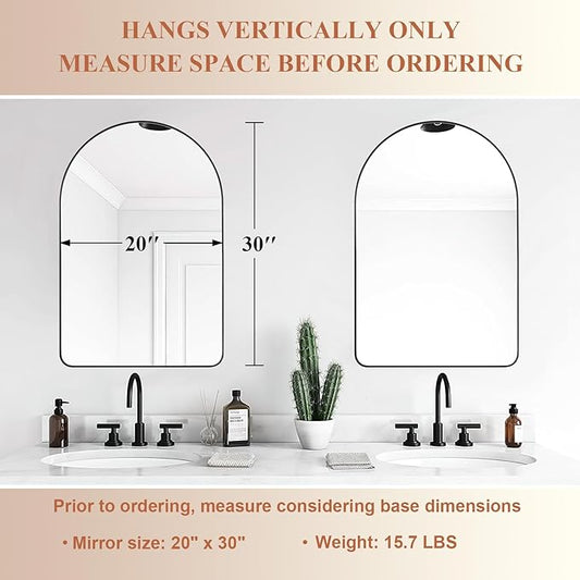 ANDY STAR Arched Mirror, 20 x 30 Inch Black Bathroom Mirror in Stainless Steel Metal Frame, Arch Top Rounded Corner 1 Inch Deep Set Design Wall Mount Hangs Vertical