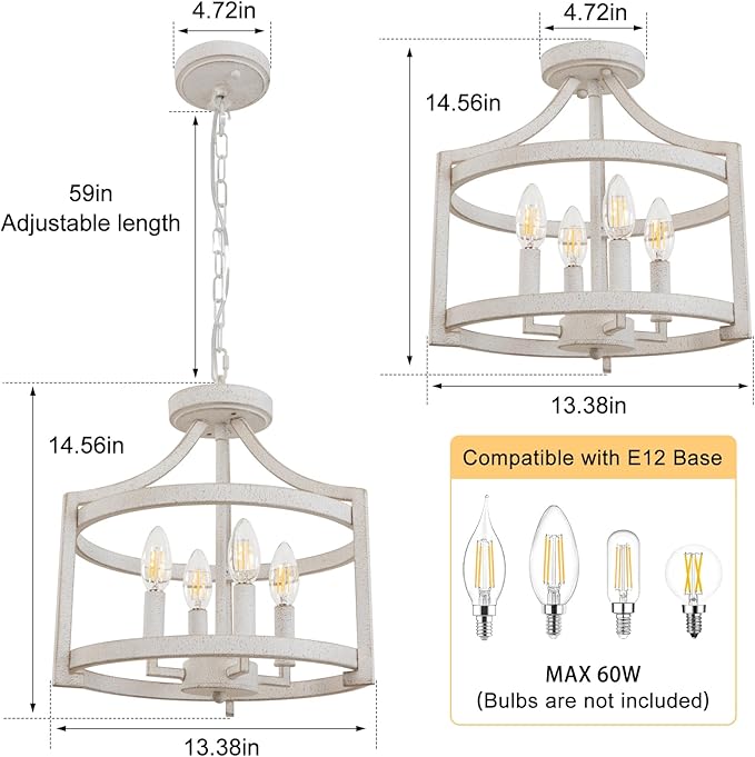 4 Lights Farmhouse Chandelier, Vintage Chandeliers for Dining Room, Rustic Semi Flush Mount Ceiling Light, Antique White Metal Hanging Pendant Light Fixture for Foyer Entryway Kitchen Island