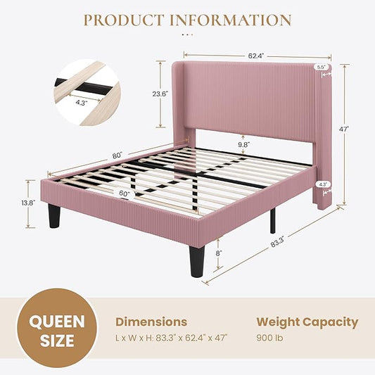 SHA CERLIN Queen Size Corduroy Upholstered Platform Bed Frame with Vertical Channel Tufted Wingback Headboard, 8" Under Bed Storage, Wooden Slats & Metal Frame Support, Easy Assembly, Light Pink