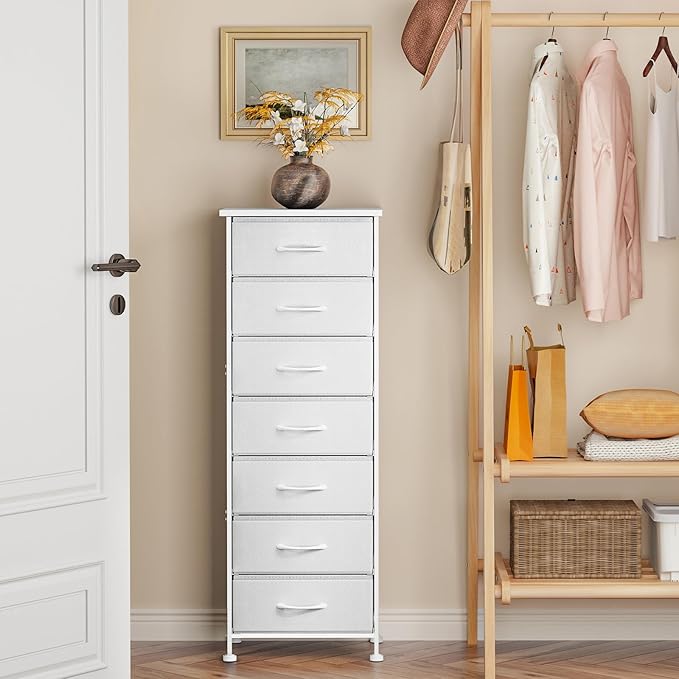 Fixwal Tall Dresser for Bedroom, Storage Dresser Organizer with 7 Fabric Drawers, Nightstand Furniture in Closet, Entryway, Hallway，White