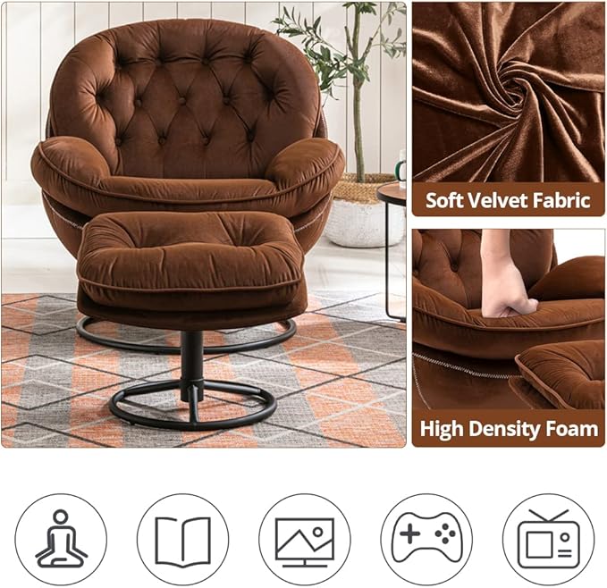 Velvet Swivel Accent Chair with Ottoman Set, Modern Lounge Chair with Metal Base Frame & Footrest, Comfortable Single Leisure Sofa Chair Reading Chair with 360 Degree Swiveling for Living Room, Brown