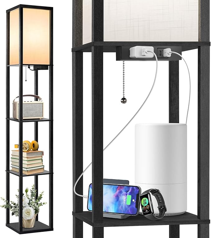 OUTON Floor Lamp with Shelves, LED Shelf Floor Lamp with 1 USB & 1 Type C Ports, 1 AC Outlet, 3 Color Temperature, Storage Display Wood Column Tall Standing Lamp for Living Room, Bedroom Office, Black