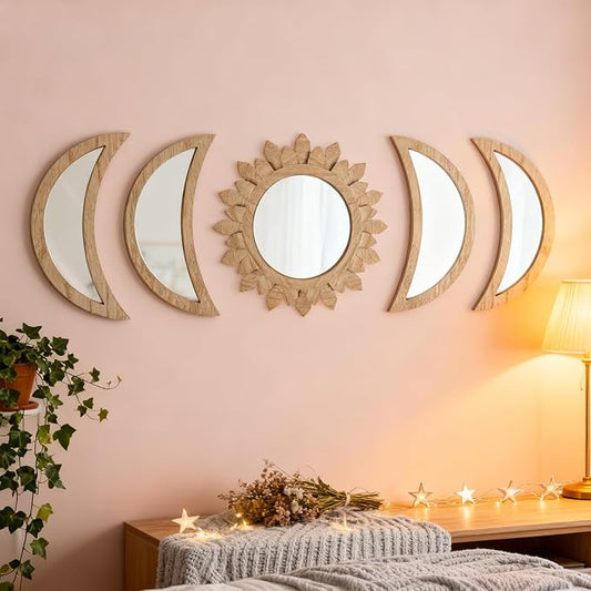 5 Pieces Moon Phase Mirror Wall-Mounted Wall Decor Mirrors Natural Wooden Sunburst Bohemian Wall Art for Home Living Room Bedroom Decoration (Natural)
