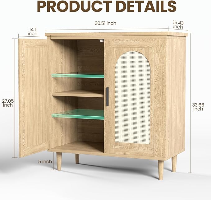 GarveeHome Sideboard Buffet Kitchen Storage Cabinet with Rattan, Solid Wood Feet for Living Room, Hallway, Entryway, Cabinet with Ample Storage Space (Natural, 2 pcs)
