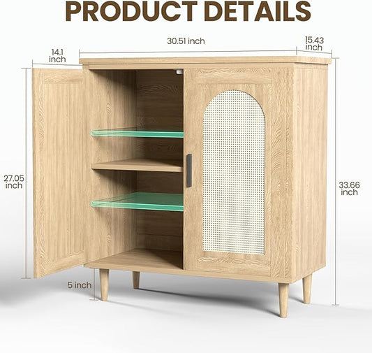 GarveeHome Sideboard Buffet Kitchen Storage Cabinet with Rattan, Solid Wood Feet for Living Room, Hallway, Entryway, Cabinet with Ample Storage Space(1PCS)