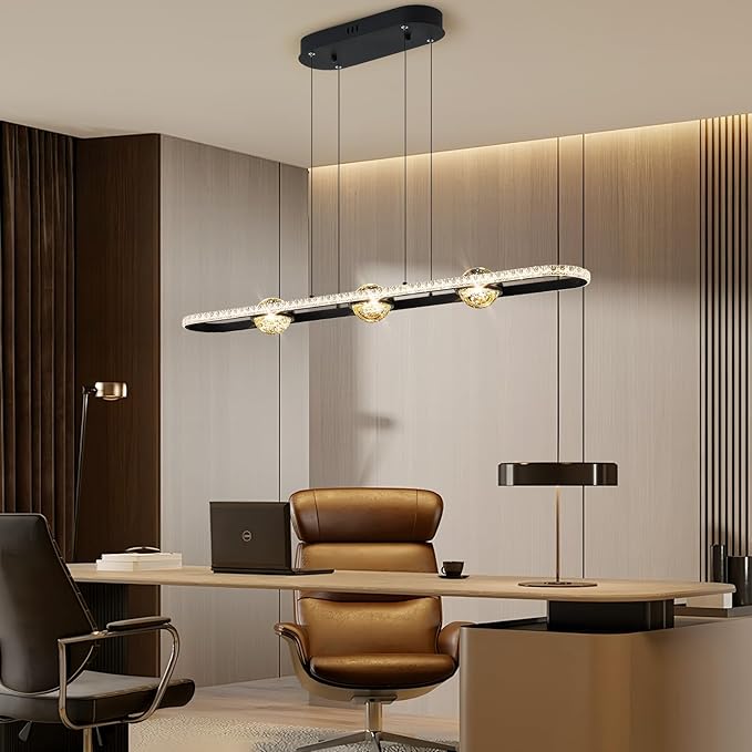 Modern LED Pendant Lights, Dimmable 39in Crystal Globe LED Rectangle Chandelier Lighting, Linear Black Dining Room Hanging Light Fixtures Kitchen Island Pendant Light Over Dining Table, 40W